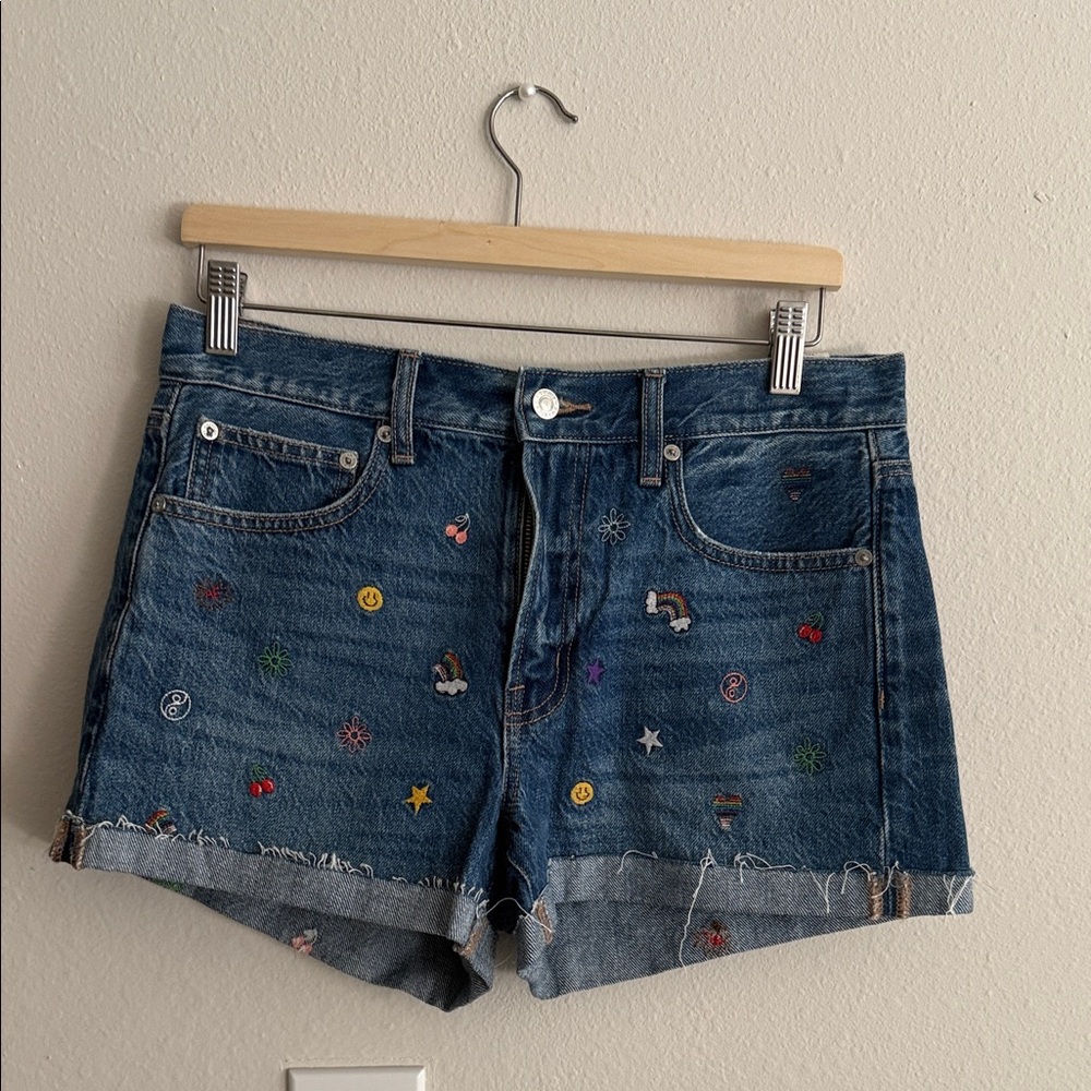 American Eagle Blue Denim Shorts with Colorful Embroidery